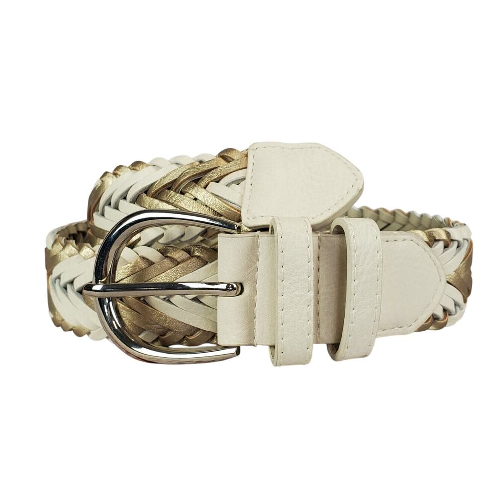 Leather Belt White Gold Silver Tone Buckle Classic Braided Adjustable 1.5 X 37.5